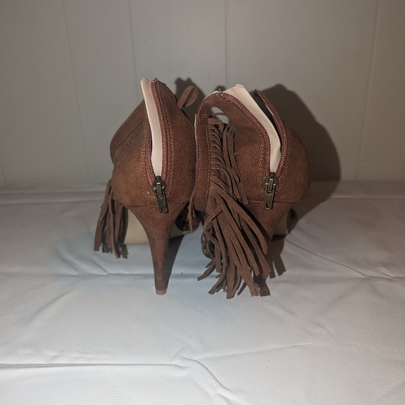 Torrid  brown two strap fringe high heel sandal. - Picture 3 of 4